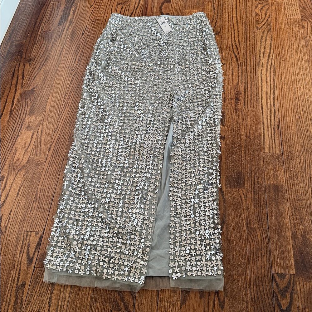 Anthropologie Not So Serious/Let Me Be Sequin Slit Maxi Skirt in Silver - Picture 7 of 10